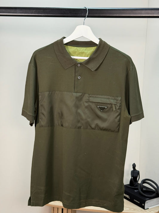 Prada Khaki Re-Nylon Plaque Polo T-Shirt - XL