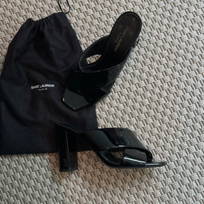 YSL Black Loulou Patent Cross Strap Slip-On Heeled Sandals – EU 38 / UK 5