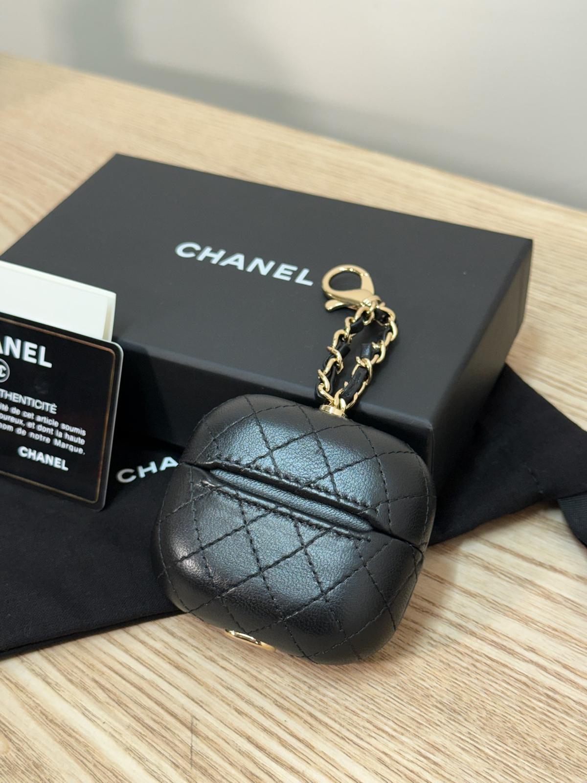 Chanel Black CC Apple Airpods Case On Chain Quilted Caviar Leather - One Size