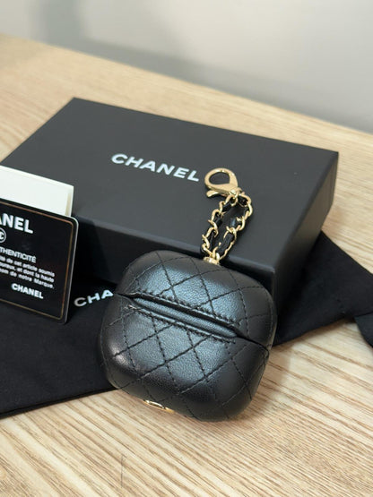Chanel Black CC Apple Airpods Case On Chain Quilted Caviar Leather - One Size