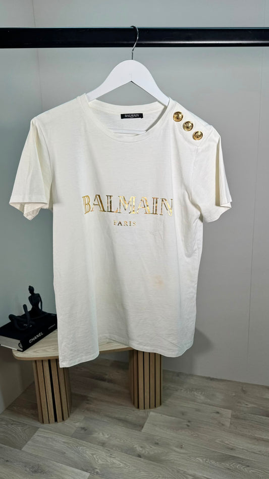Balmain White Logo T-Shirt With Gold Buttons – IT 38. UK 8