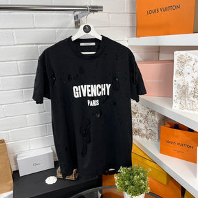 Givenchy Black Severe Distressed Logo T Shirt with Sheer Lining Small Cuban fit