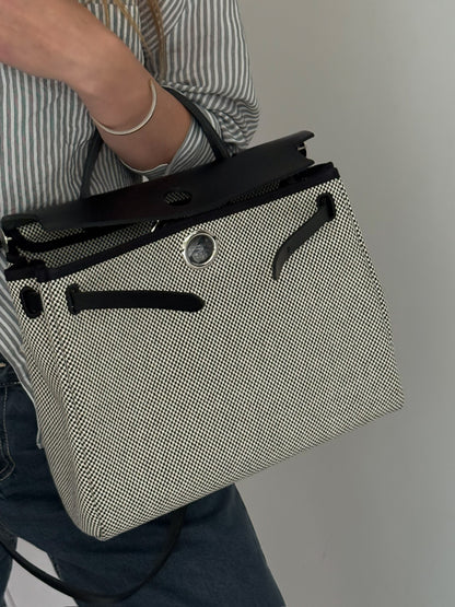 Hermès  Herbag 31 Vache Hunter Toile Quadrille Viking Black White Full Set
