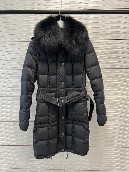 Burberry black quilted down belted jacket with fur collar - UK 6/8