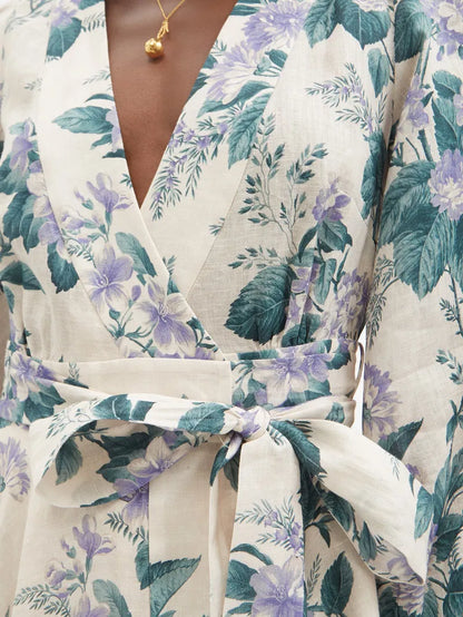 Zimmermann Cassia Floral-Print Linen Purple Green Floral Mini Dress -0