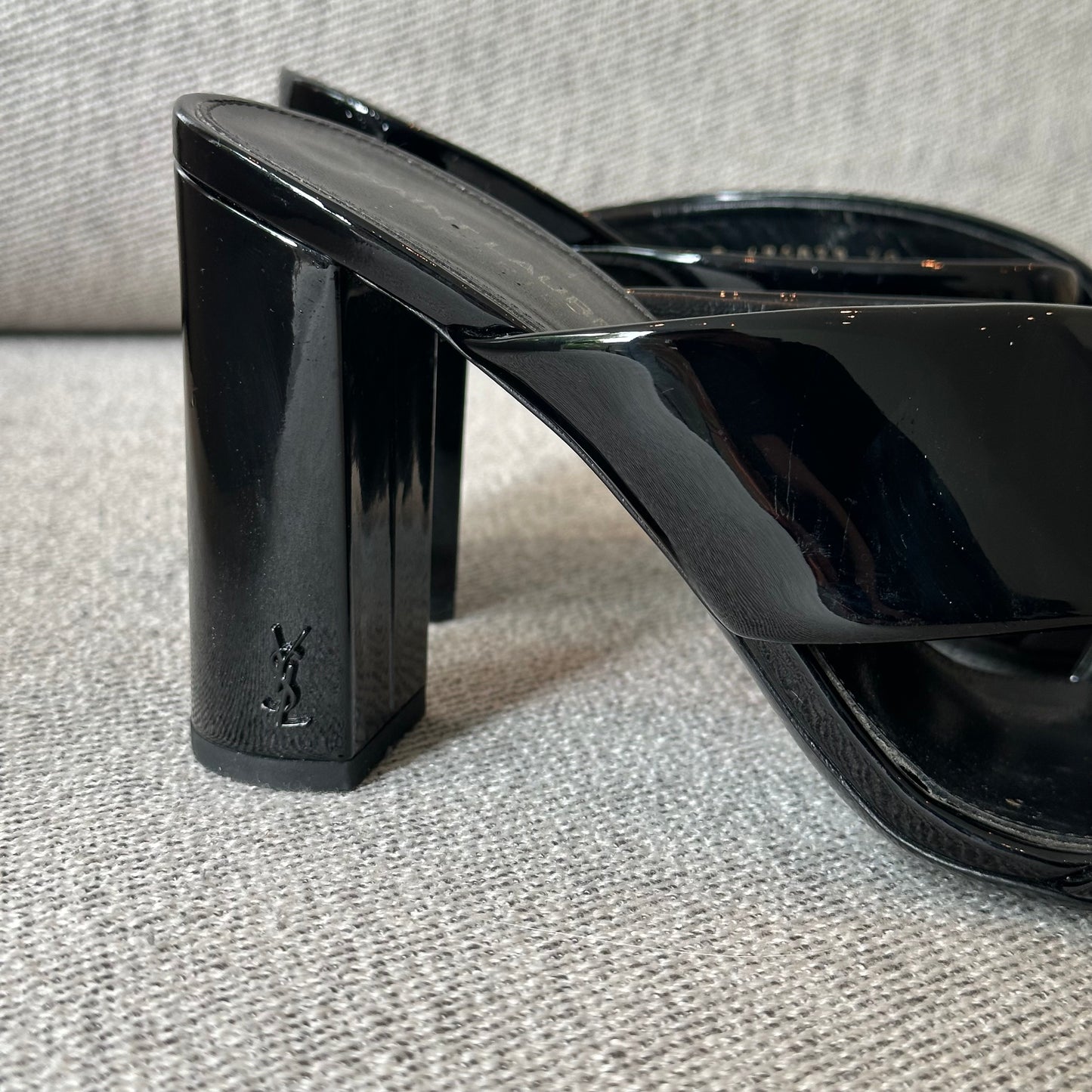YSL Black Loulou Patent Cross Strap Slip-On Heeled Sandals – EU 38 / UK 5