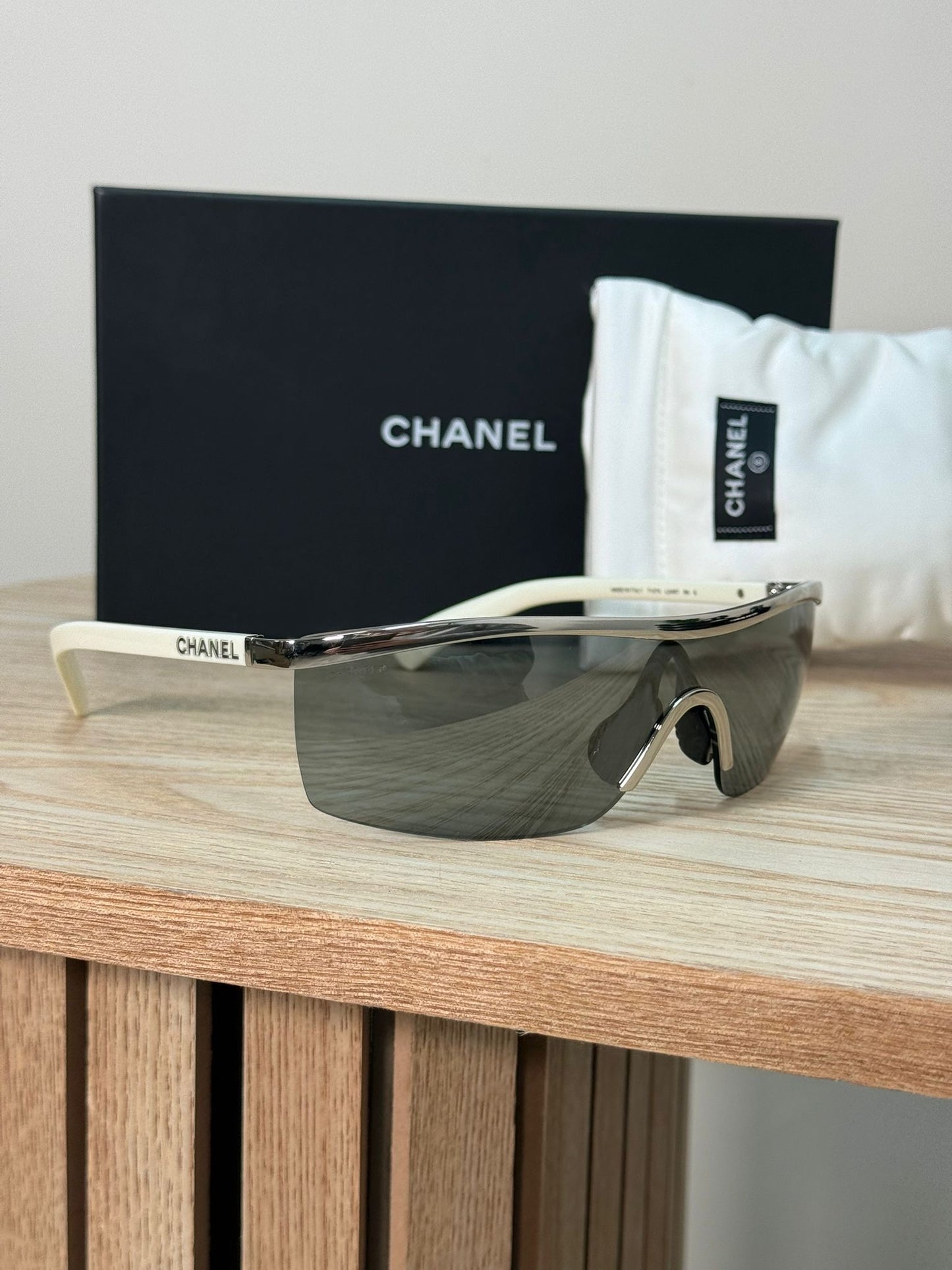 Chanel Metallic Silver Shield Sunglasses - One Size