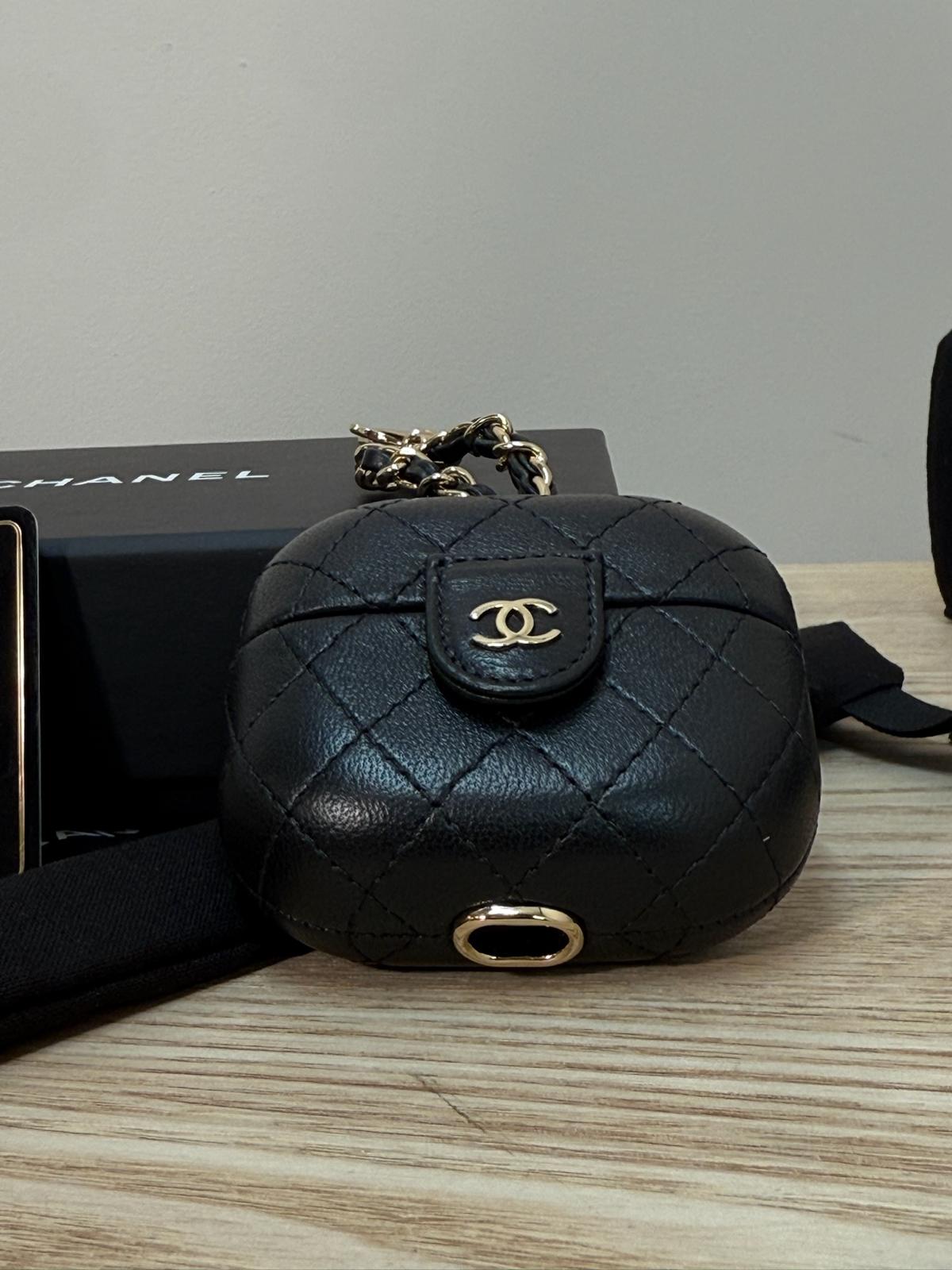 Chanel Black CC Apple Airpods Case On Chain Quilted Caviar Leather - One Size