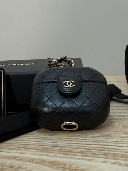 Chanel Black CC Apple Airpods Case On Chain Quilted Caviar Leather - One Size