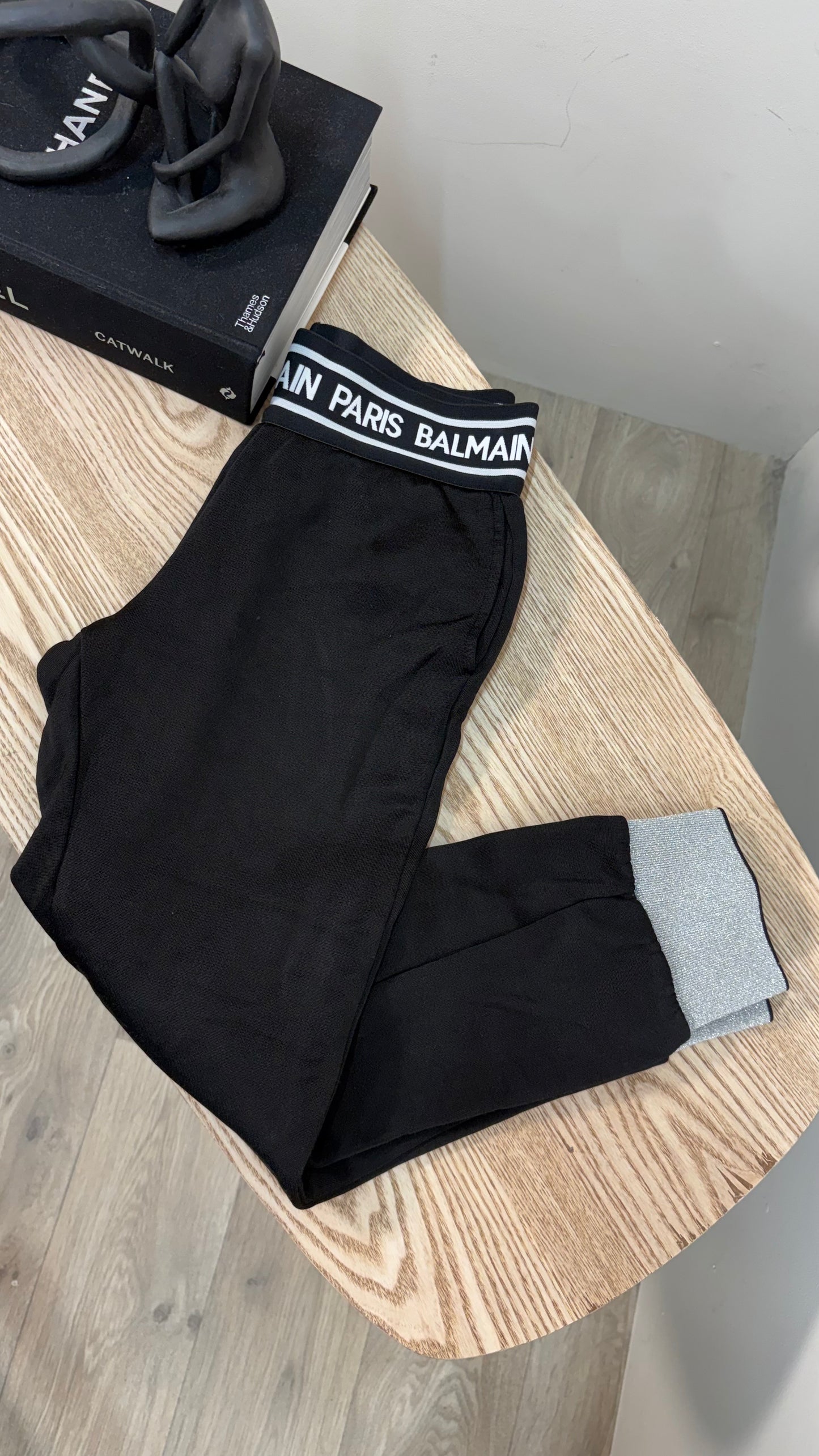 Kids Balmain White Logo Waist Black Silver Cuff Tracksuit Bottom’s – Age 12