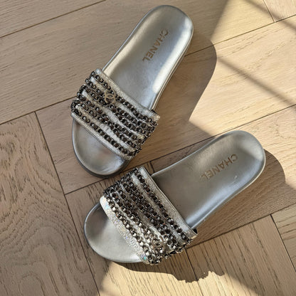 Chanel Silver CC Chainlink Flat Slide Sandals - UK 6