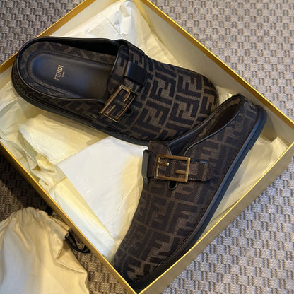 Fendi Brown FF gold mule slip on shoe - UK 7