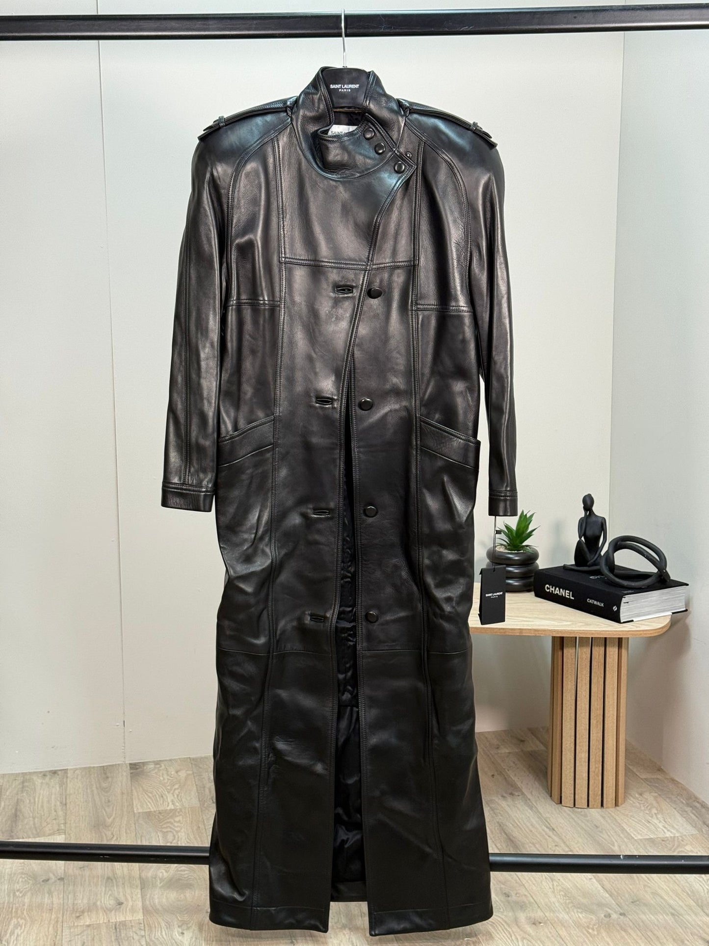 Saint Laurent Biker Leather Smooth Black Trench Coat - New In Tags FR 38/S-M