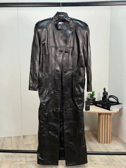 Saint Laurent Biker Leather Smooth Black Trench Coat - New In Tags FR 38/S-M