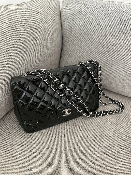 Chanel Green Patent Leather Jumbo Handbag Silver