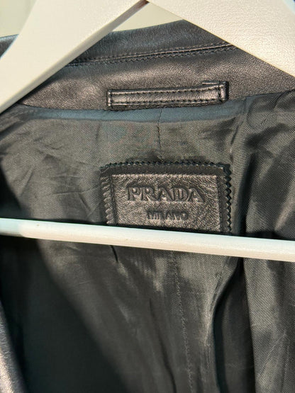 Prada Black Leather Silver Zip Biker Jacket - Size 40/M