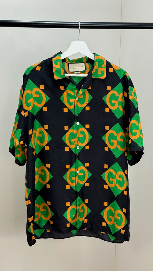 Gucci Black Green Gold GG Silk Shirt - 50