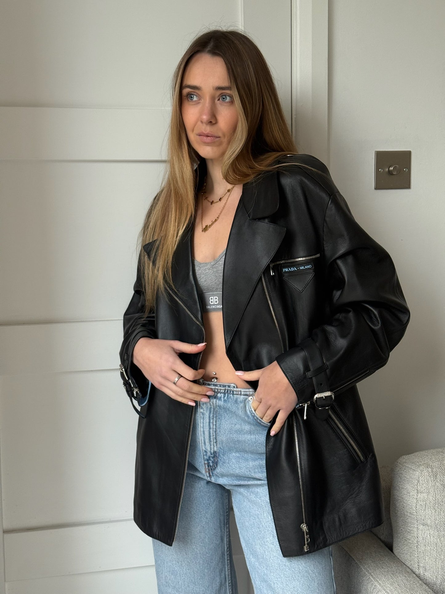 Prada Black Leather Silver Zip Biker Jacket - Size 40/M