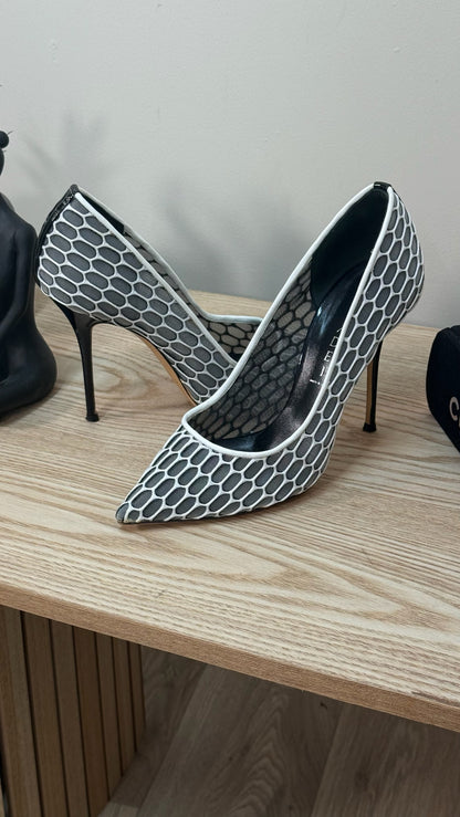 Casadei White And Grey Net Heels - UK 4