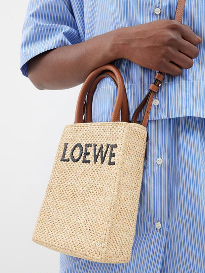Loewe Cross Body Rafia Tote Small in Brown Leather.