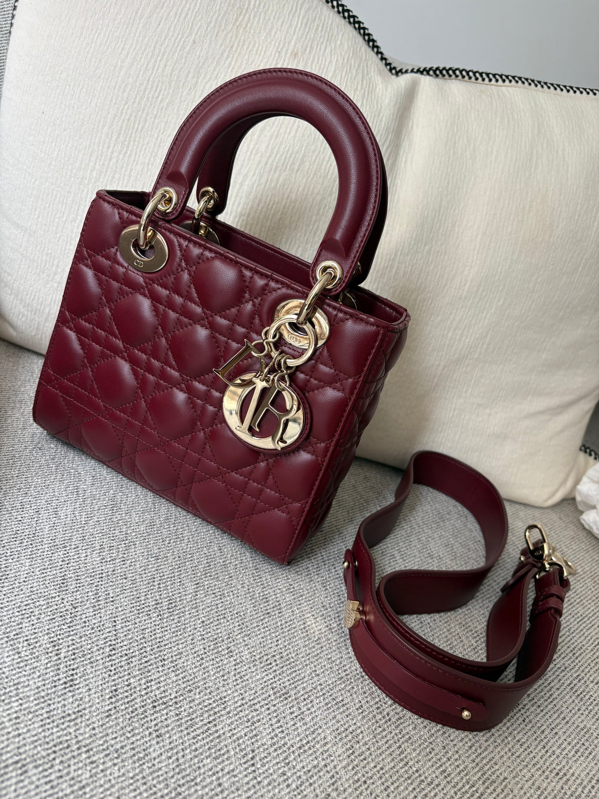 Dior Small Lady Dior burgundy cannage lambskin bag