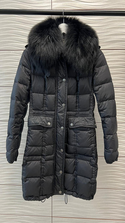 Burberry black quilted down belted jacket with fur collar - UK 6/8