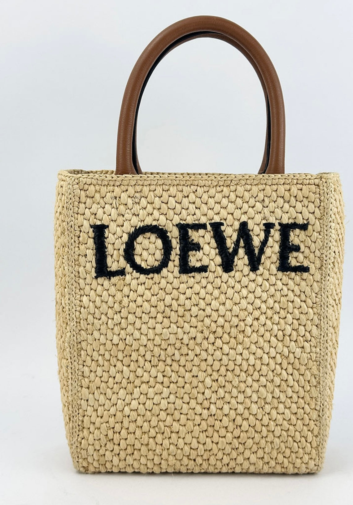 Loewe Cross Body Rafia Tote Small in Brown Leather.