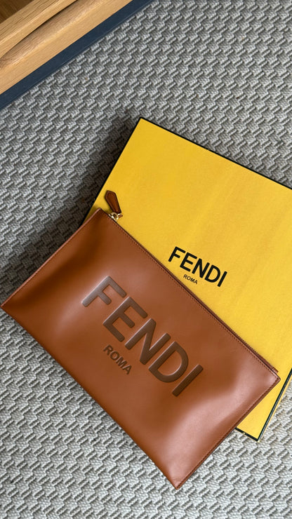 Fendi Brown Logo Flat Clutch Bag