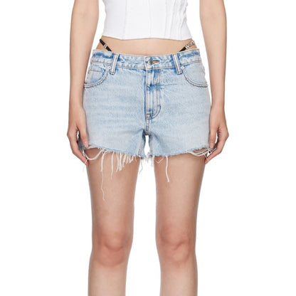 Alexander Wang Blue Denim Thong Diamonte Badge Shorts-Brand New In Tags XXS