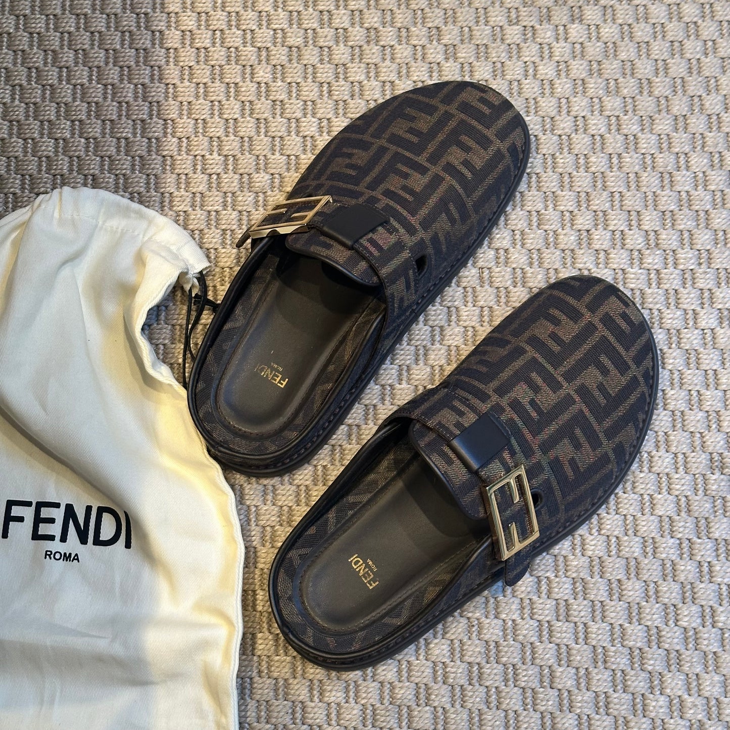 Fendi Brown FF gold mule slip on shoe - UK 7