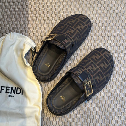 Fendi Brown FF gold mule slip on shoe - UK 7