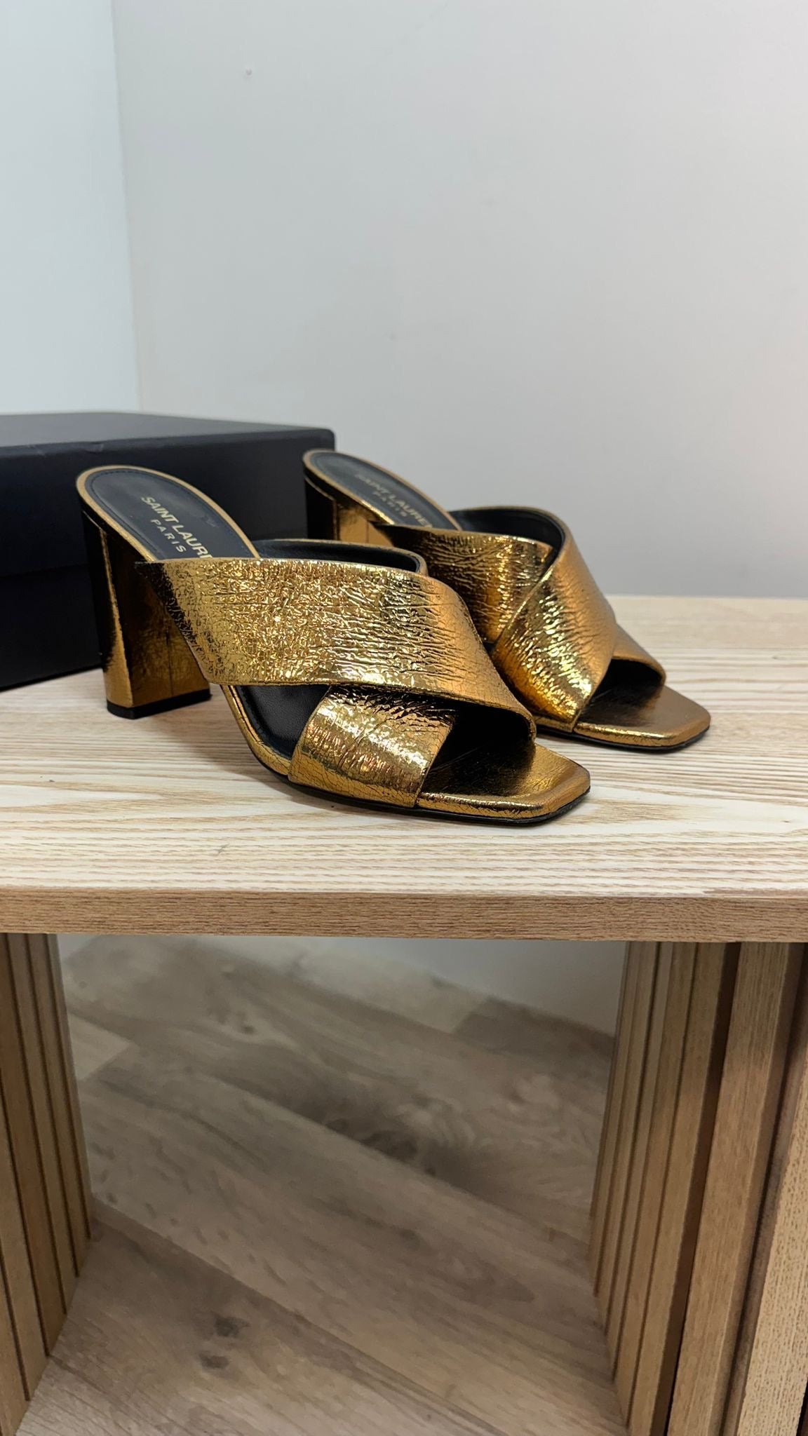 YSL Gold Cross Strap Slip-On Heeled Sandals – EU 38 / UK 5