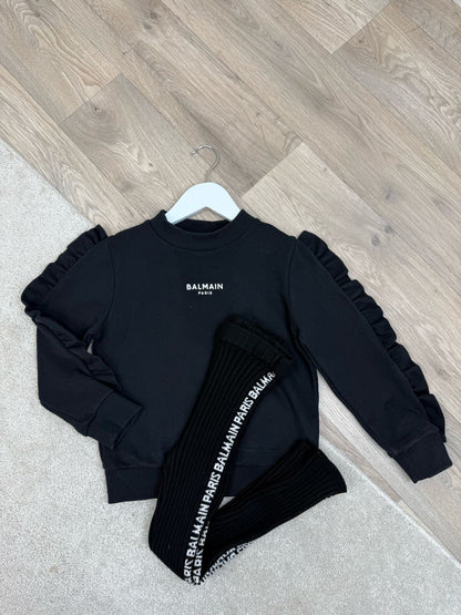 Kids Balmain Black Frill Jumper & Black Ribbed Logo Leggings  - Age 6