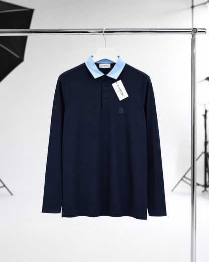 Lanvin Navy Long Sleeve Contrast Collar Polo, Brand New - XXL