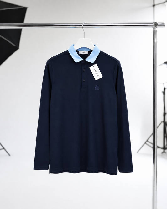 Lanvin Navy Long Sleeve Contrast Collar Polo, Brand New - XXL