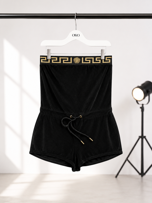 Versace Black & Gold Velour Playsuit- UK 8/10