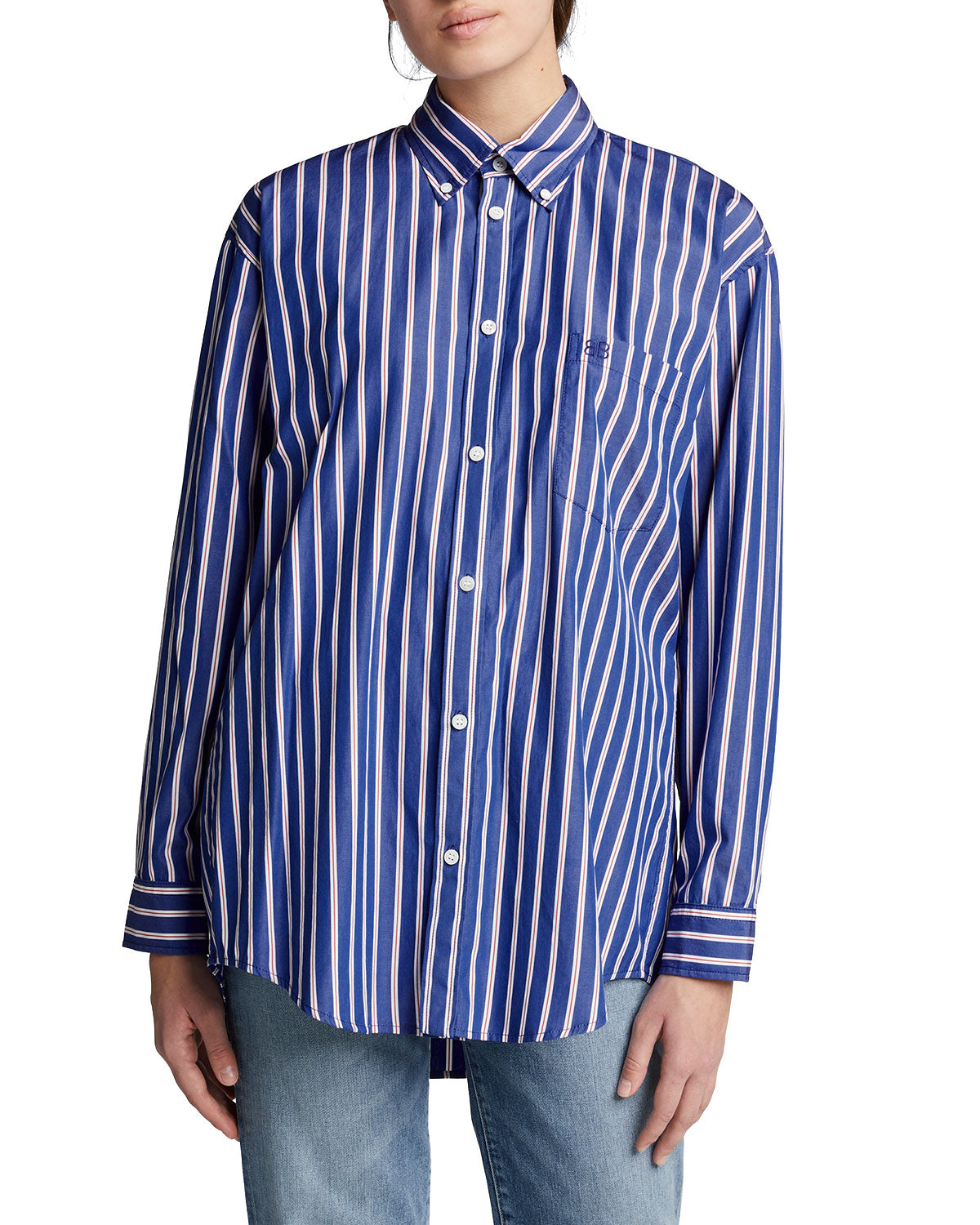 Balenciaga Dark Blue White Striped BB Logo Shirt - Size 36/S