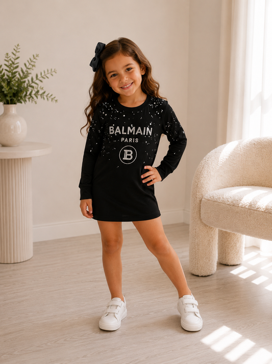 Kids Balmain Black Rhinestone Long Sleeve Top – Age 4