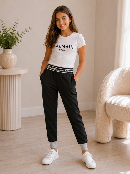 Kids Balmain White Logo Waist Black Silver Cuff Tracksuit Bottom’s – Age 12