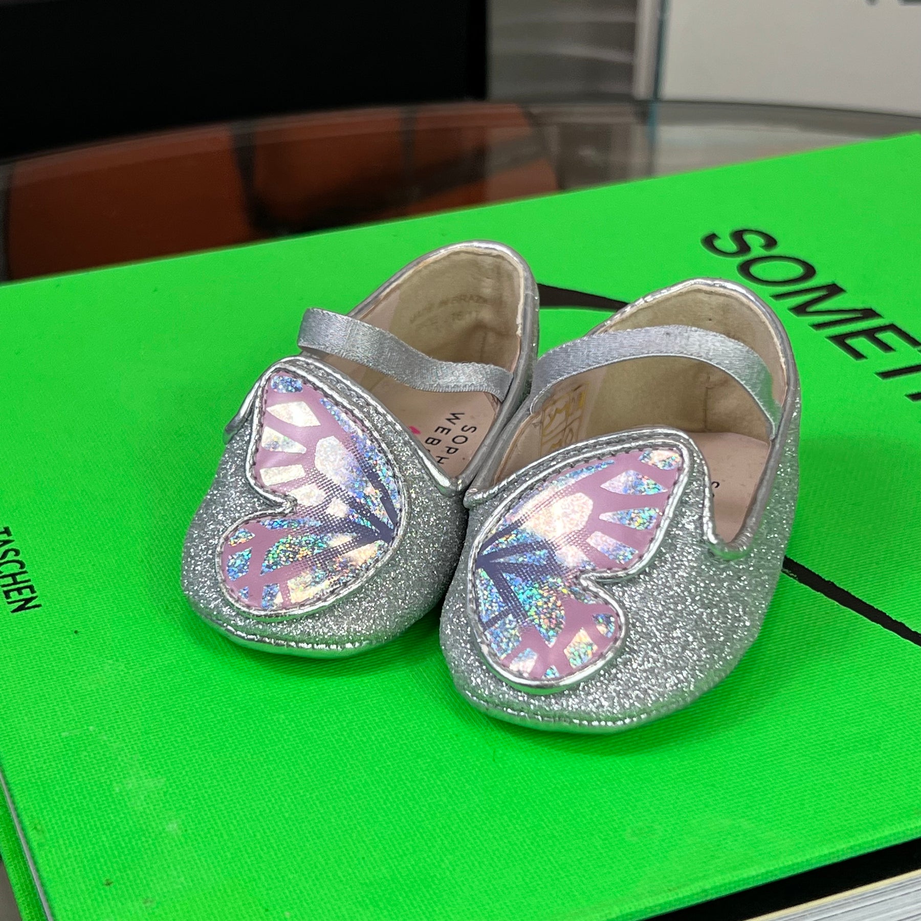 Kids Sophia Webster Sparkly Silver Butterfly Effect Pram Shoe EU 16 17