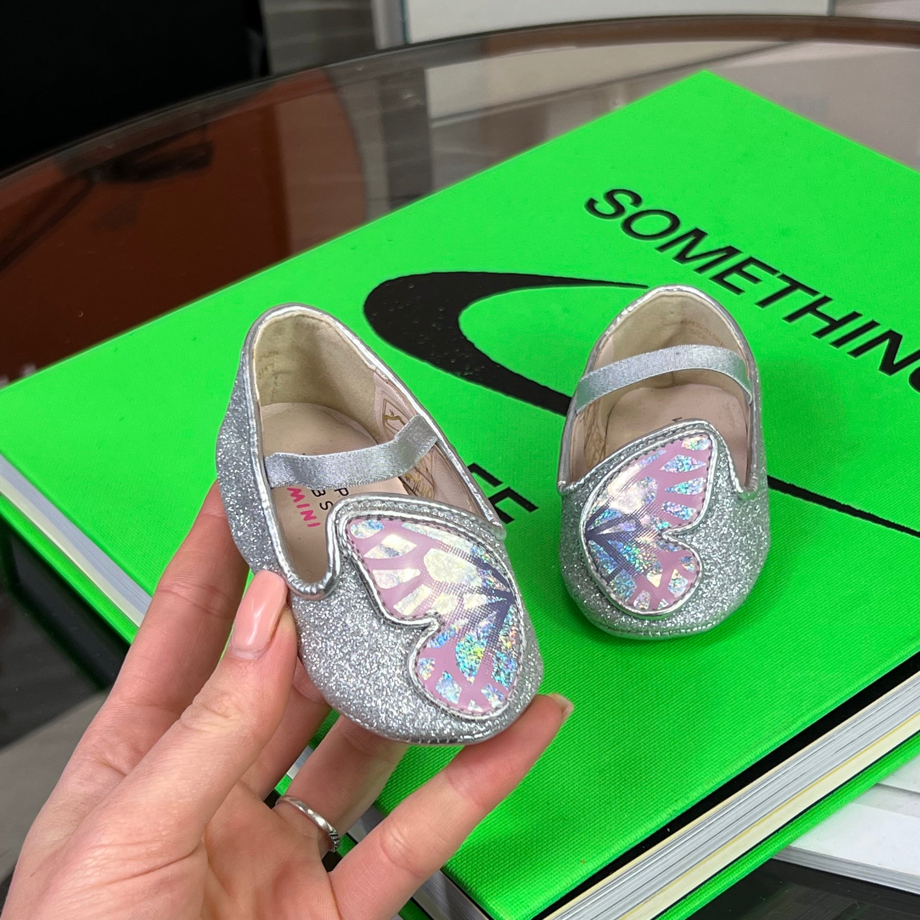 Kids Sophia Webster Sparkly Silver Butterfly Effect Pram Shoe EU